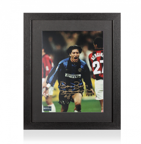 Ivan Zamorano Signed Internazionale Photo In Black Wooden Frame: Milan Derby Goal 