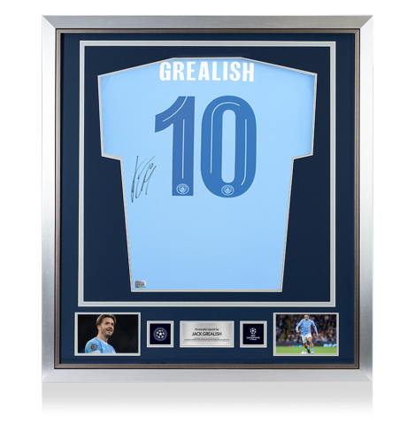 Jack Grealish Official UEFA Champions League Back Signed and Framed Manchester City 2023-24 Home Shirt - Bronze Bundle Jack Grealish Official UEFA Champions League Back Signed and Framed Manchester City 2023-24 Home Shirt - Bronze Bundle