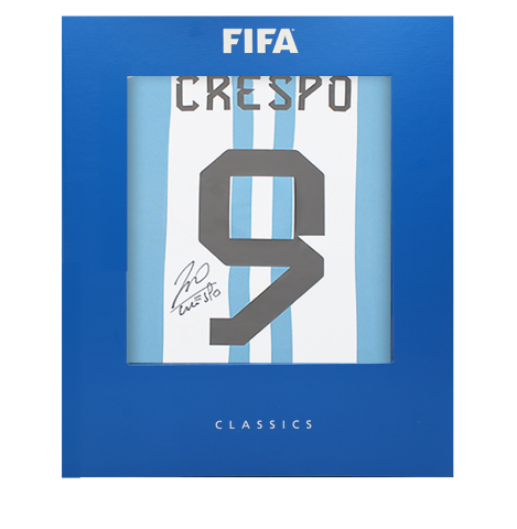 Hernan Crespo Official FIFA World Cup™ Back Signed Argentina 2022-23 Home Shirt with Fan Style Number In Deluxe Packaging