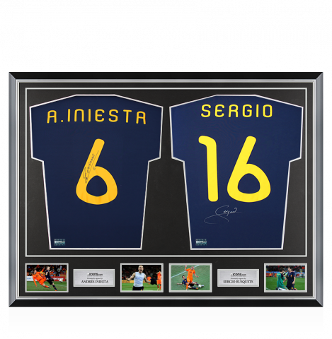Andres Iniesta & Sergio Busquets Back Signed Spain 2010 Away Shirts In Classic Dual Frame
