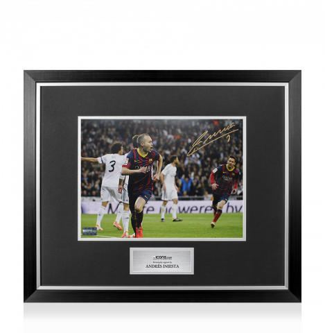 Andres Iniesta Signed FC Barcelona Photo In Premium Photo Frame: Celebration vs Real Madrid
