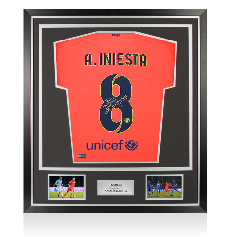 Andres Iniesta Back Signed FC Barcelona 2014-15 Away Shirt Inscription - "Triple Campeones" In Classic Frame Andres Iniesta Back Signed FC Barcelona 2014-15 Away Shirt Inscription - "Triple Campeones" In Classic Frame