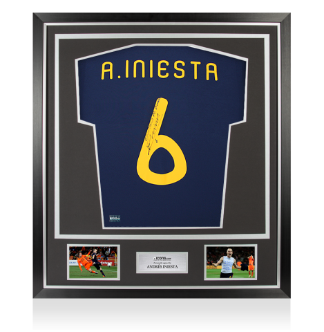 Andres Iniesta Back Signed Spain 2010 Away Shirt Inscription - 'Campeones Del Mundo' In Classic Frame Andres Iniesta Back Signed Spain 2010 Away Shirt Inscription - 'Campeones Del Mundo' In Classic Frame