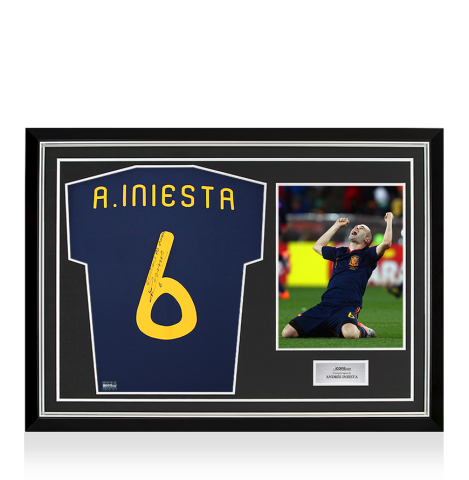 Andres Iniesta Back Signed Spain 2010 Away Shirt Inscription - 'Campeones Del Mundo' In Hero Frame: Option 1 Andres Iniesta Back Signed Spain 2010 Away Shirt Inscription - 'Campeones Del Mundo' In Hero Frame: Option 1