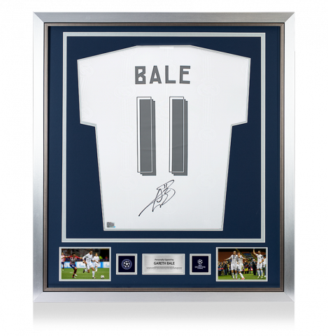 PRE-FRAMED Gareth Bale Official UEFA Champions League Back Signed and Framed Real Madrid Modern Home Shirt with Fan Style Numbers