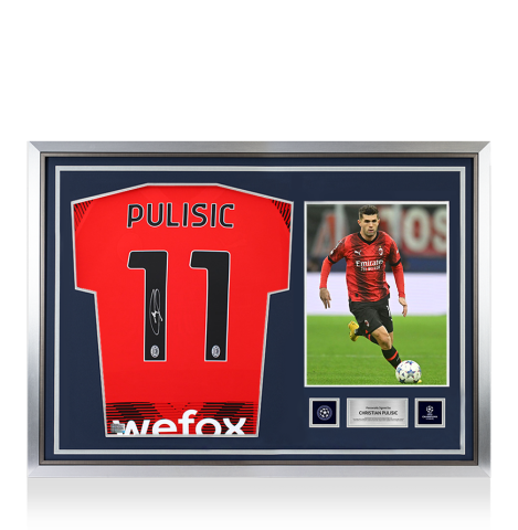 Christian Pulisic Official UEFA Champions League Back Autographed and Hero Framed AC Milan 2023-24 Home Jersey