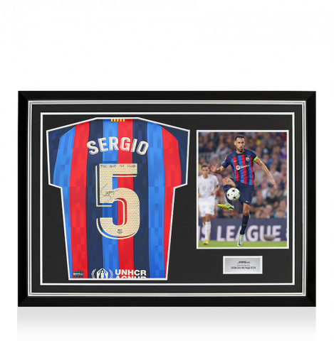 Sergio Busquets Back Signed FC Barcelona 2022-23 Home Shirt - "Mes Que Un Club" Inscription In Hero Frame: Option 1