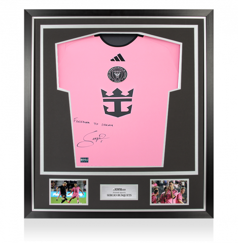 Sergio Busquets Front Signed Inter Miami CF 2024-25 Home Shirt - "Freedom to Dream" Inscription In Classic Frame