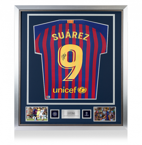 Luis Suarez Official UEFA Champions League Back Signed and Framed FC Barcelona 2018-19 Home Shirt with Fan Style Number