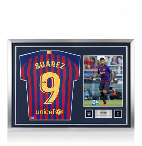 Luis Suarez Official UEFA Champions League Back Signed and Hero Framed FC Barcelona 2018-19 Home Shirt with Fan Style Number