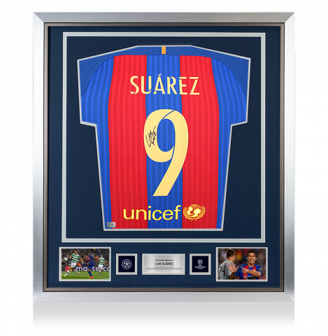 Luis Suarez Official UEFA Champions League Back Signed and Framed FC Barcelona 2016-17 Home Shirt with Fan Style Number
