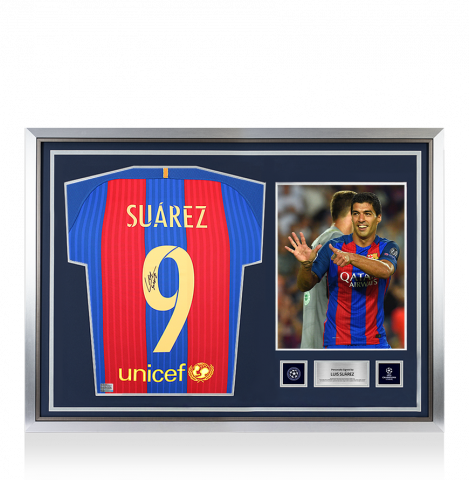 Luis Suarez Official UEFA Champions League Back Signed and Hero Framed FC Barcelona 2016-17 Home Shirt with Fan Style Number