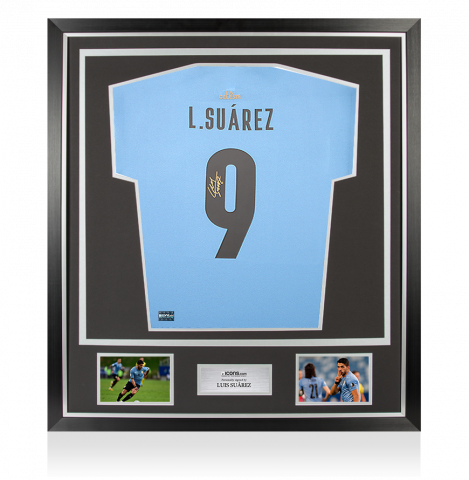 Luis Suarez Back Signed Uruguay 2021-22 Home Shirt with Fan Style Number In Classic Frame