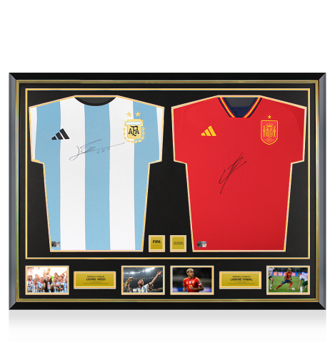 Lionel Messi Argentina & Lamine Yamal Spain Official FIFA World Cup™ Signed and Dual Framed Shirts