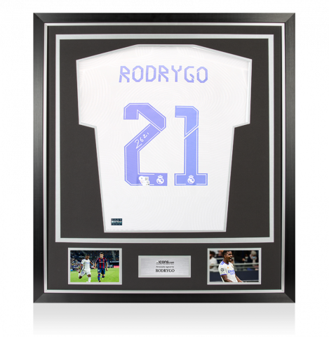 Rodrygo Back Signed Real Madrid CF 2021-22 Home Shirt In Classic Frame Rodrygo Back Signed Real Madrid CF 2021-22 Home Shirt In Classic Frame