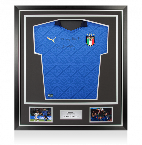 Giorgio Chiellini Front Signed Italy 2020-21 Home Shirt - "It's Coming Rome!" Inscription In Classic Frame