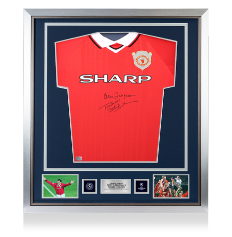 Teddy Sheringham & Sir Alex Ferguson Official UEFA Champions League Signed and Framed Manchester United 1999 Home Shirt - Platinum Bundle
