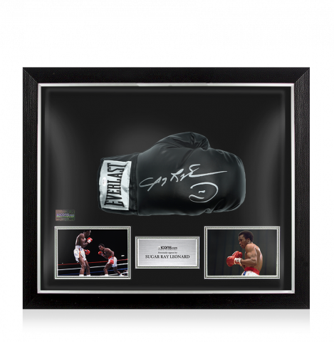 Sugar Ray Leonard Signed Everlast Black Boxing Glove In Bubble Frame: Option 1