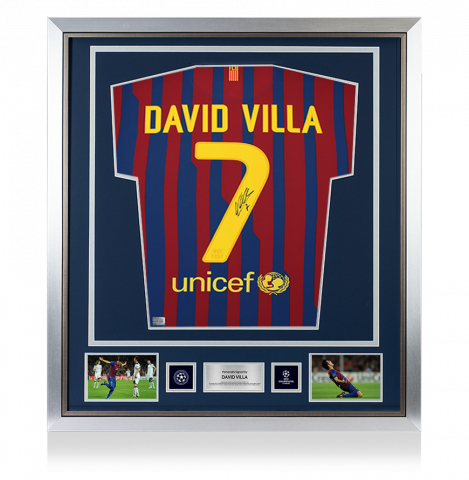 David Villa Official UEFA Champions League Back Signed and Framed FC Barcelona 2011-12 Home Shirt - Long Sleeved
