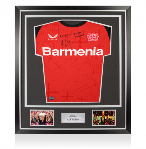 Xabi Alonso Front Signed Bayer Leverkusen 2024-25 Home Shirt - "2023-24 Double Winners" Inscription In Classic Frame
