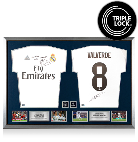 Xabi Alonso & Federico Valverde Official UEFA Champions League Signed and Dual Framed Real Madrid CF Shirts