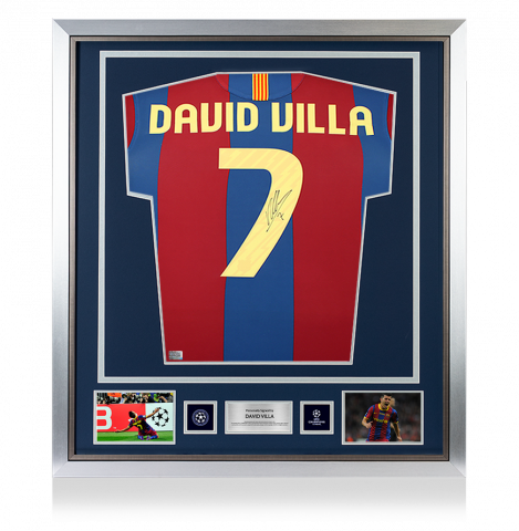 David Villa Official UEFA Champions League Back Signed and Framed FC Barcelona 2010-11 Home Shirt with Fan Style Number