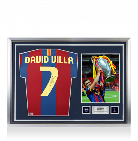 David Villa Official UEFA Champions League Back Signed and Hero Framed FC Barcelona 2010-11 Home Shirt with Fan Style Number
