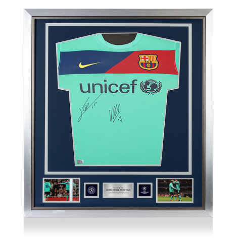 Lionel Messi & David Villa Official UEFA Champions League Front Signed and Framed FC Barcelona 2010-11 Away Shirt