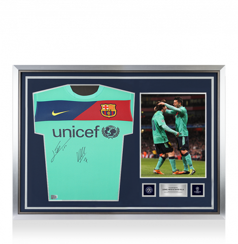Lionel Messi & David Villa Official UEFA Champions League Front Signed and Hero Framed FC Barcelona 2010-11 Away Shirt