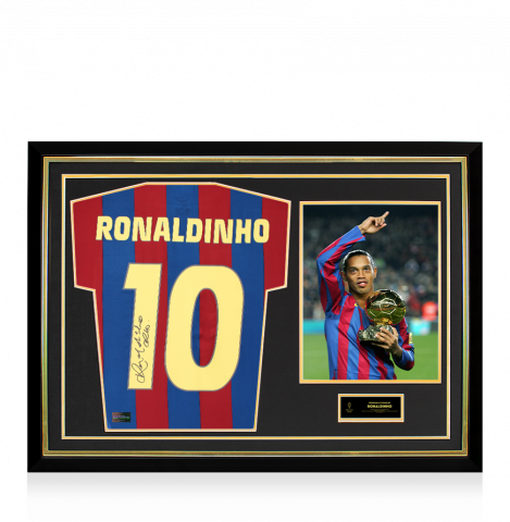 Ronaldinho Official Ballon d'Or™ Back Signed and Hero Framed FC Barcelona 2005-06 Home Shirt - 2005 Winner Edition