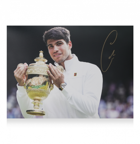 WAREHOUSE SECONDS Carlos Alcaraz Signed Wimbledon 2024 Trophy Lift Photo - Grade A