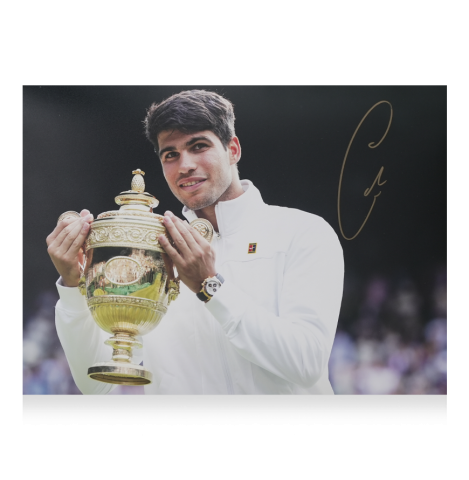 WAREHOUSE SECONDS Carlos Alcaraz Signed Wimbledon 2024 Trophy Lift Photo - Grade A