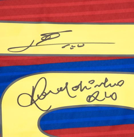 Lionel Messi and Ronaldinho Dual Signed FC Barcelona 2016-2017 Home Shirt In Hero Frame: Option 1