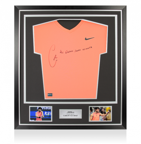 Carlos Alcaraz Signed Nike Dri-Fit Court Victory Tennis T-Shirt - "4x Grand Slam Winner" Inscription In Classic Frame