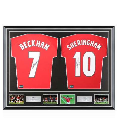 Sir David Beckham & Teddy Sheringham Signed Manchester United Shirts In Classic Dual Frame Sir David Beckham & Teddy Sheringham Signed Manchester United Shirts In Classic Dual Frame