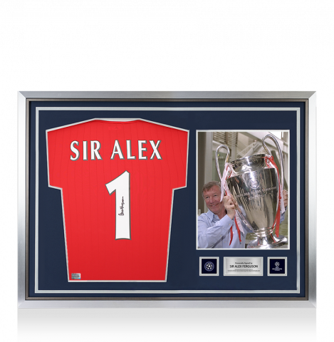 Sir Alex Ferguson Official UEFA Champions League Ferguson Back Signed and Hero Framed Manchester United 2022-23 Home Shirt