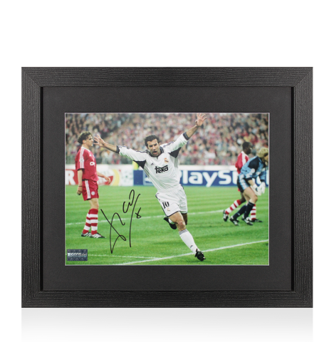 Luis Figo Autographed Real Madrid Photo In Black Wooden Frame: UEFA Champions League Goal