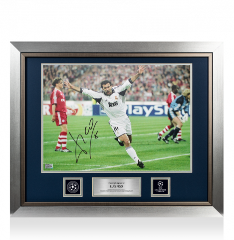 Luis Figo Official UEFA Champions League Autographed and Framed Real Madrid Photo: Champions League Goal