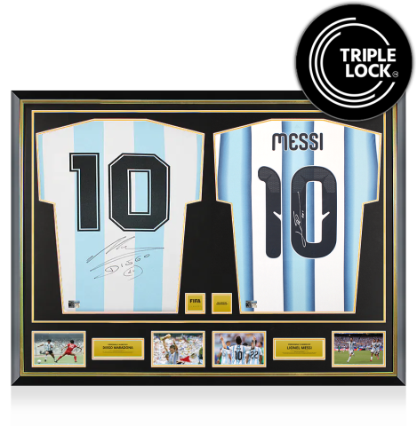 Diego Maradona & Lionel Messi Official FIFA World Cup™ Signed and Framed Argentina Shirts In Dual Frame