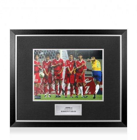 Roberto Carlos Signed Brazil Photo In Premium Photo Frame: 2002 FIFA World Cup Goal vs China