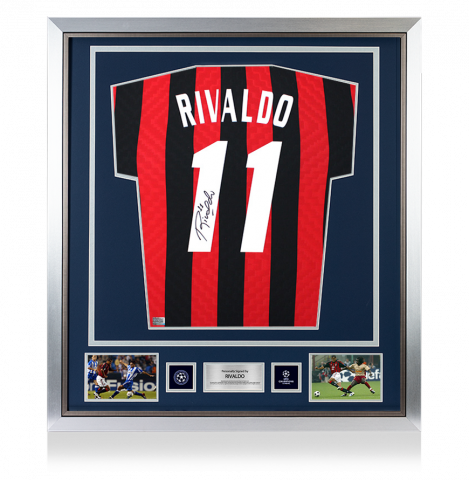 PRE-FRAMED Rivaldo Official UEFA Champions League Back Signed and Framed AC Milan Retro Home Shirt