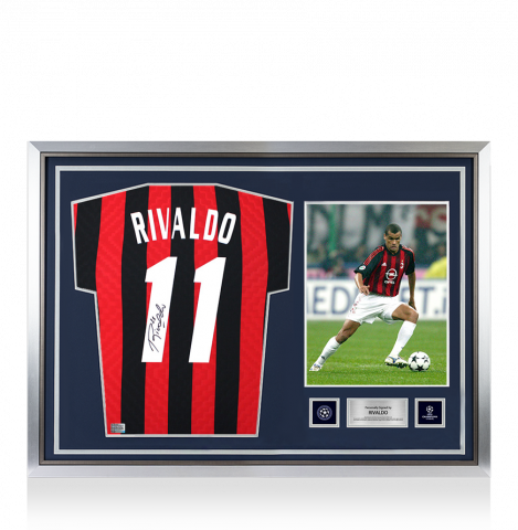Rivaldo Official UEFA Champions League Back Signed and Hero Framed AC Milan Retro Home Shirt