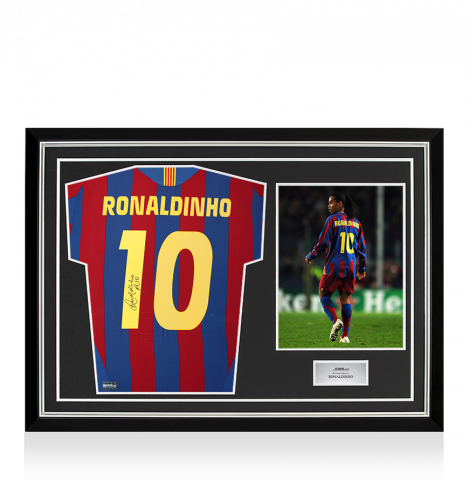 Ronaldinho Back Signed FC Barcelona 2005-06 Home Shirt with Fan Style Numbers In Hero Frame: Option 1