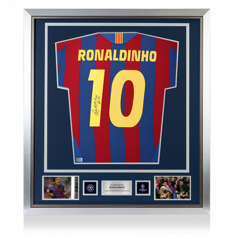 Ronaldinho Official UEFA Champions League Back Signed and Framed FC Barcelona 2005-06 Home Shirt with Fan Style Numbers