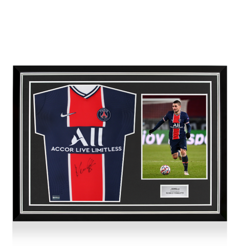 Marco Verratti Front Signed Paris Saint-Germain 2020-21 Match Issue Home Shirt In Hero Frame: Option 1 Marco Verratti Front Signed Paris Saint-Germain 2020-21 Match Issue Home Shirt In Hero Frame: Option 1