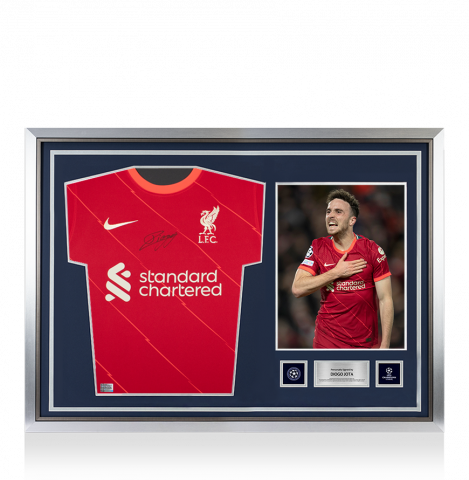 Diogo Jota Official UEFA Champions League Front Signed and Hero Framed Liverpool 2021-22 Home Shirt