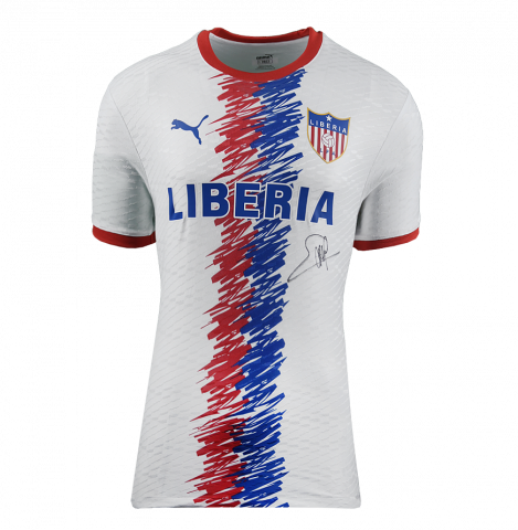 George Weah Front Signed Liberia Home Shirt  In Deluxe Packaging