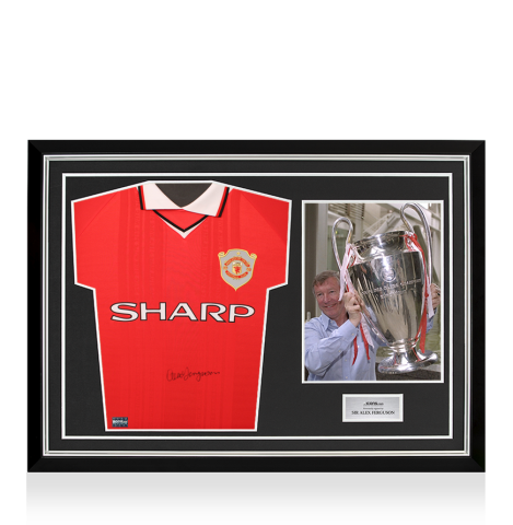 Sir Alex Ferguson Front Signed Manchester United 1999 UEFA Champions League Home Shirt In Hero Frame: Option 1