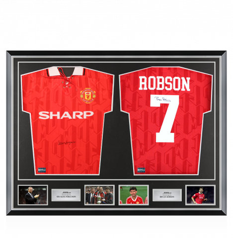 Sir Alex Ferguson & Bryan Robson Signed Manchester United Shirts In Classic Dual Frame