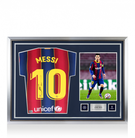 Lionel Messi Official UEFA Champions League Back Signed and Hero Framed FC Barcelona 2020-21 Home Shirt